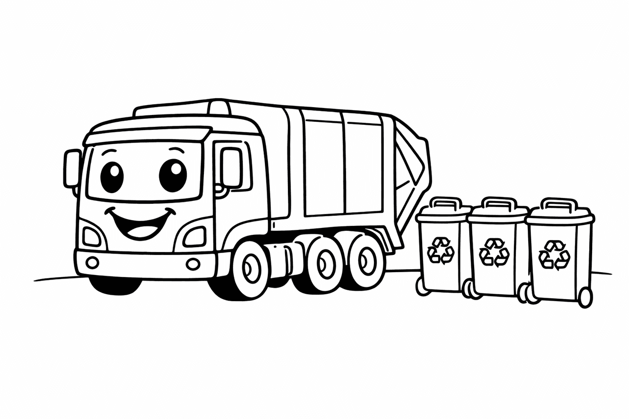 Freundlicher Müllwagen mit Recyclingbehältern - Ausmalbild