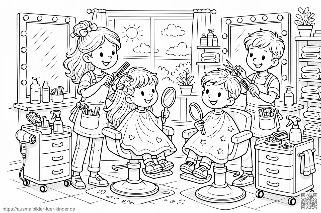 Fröhlicher Friseurbesuch für Kinder - Ausmalbild Fröhlicher Friseurbesuch für Kinder - Ausmalbild