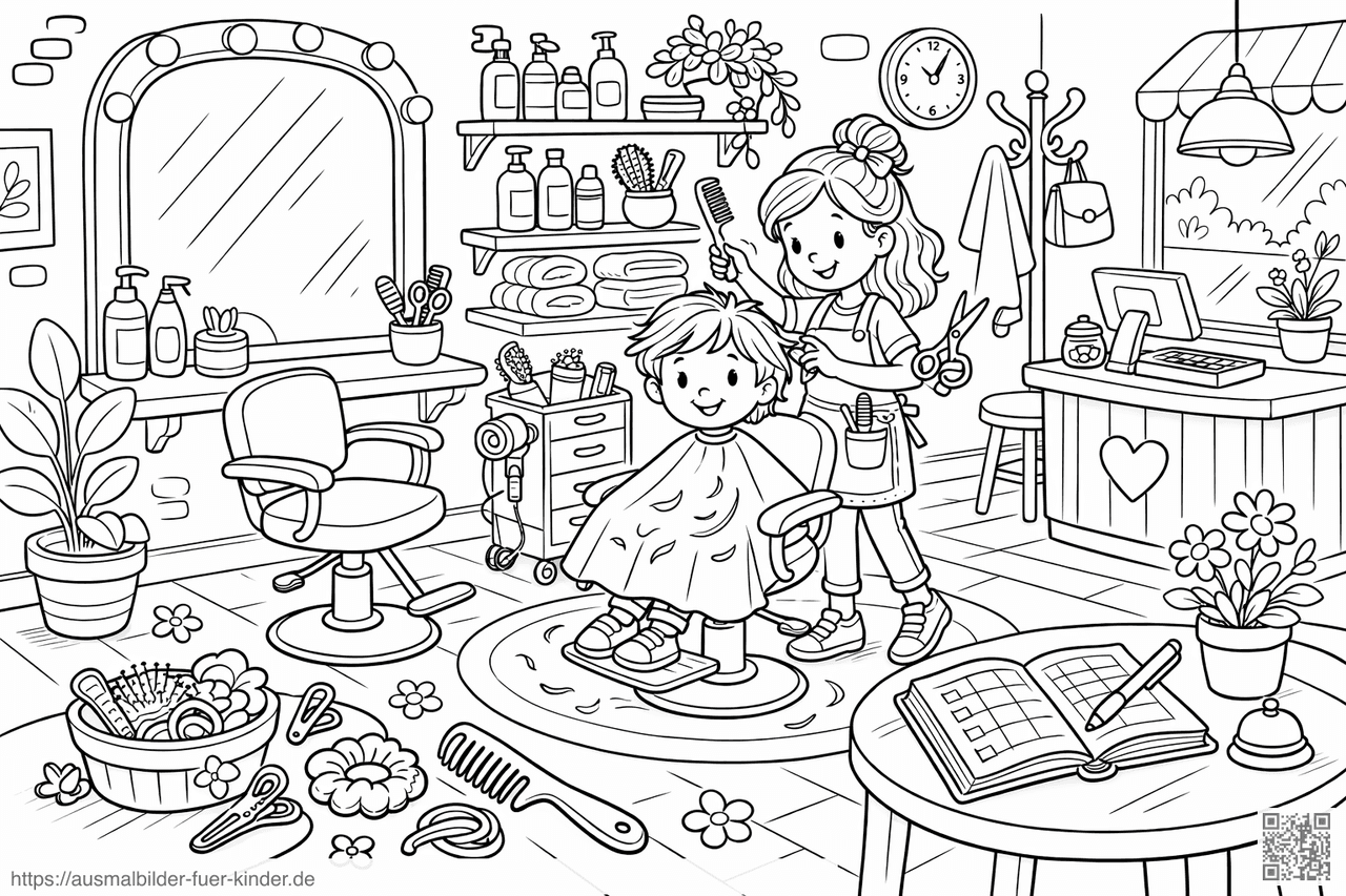 Fröhlicher Friseursalon - Ausmalbild Fröhlicher Friseursalon - Ausmalbild
