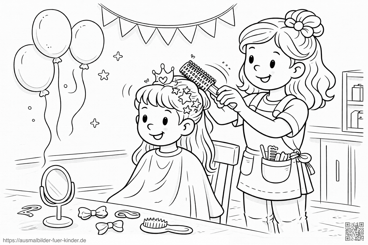 Friseurin stylt festliche Frisur für Mädchen - Ausmalbild Friseurin stylt festliche Frisur für Mädchen - Ausmalbild