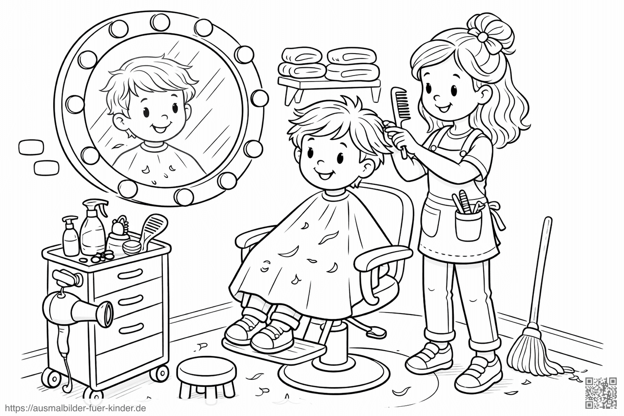 Friseursalon-Besuch für einen fröhlichen Jungen - Ausmalbild Friseursalon-Besuch für einen fröhlichen Jungen - Ausmalbild