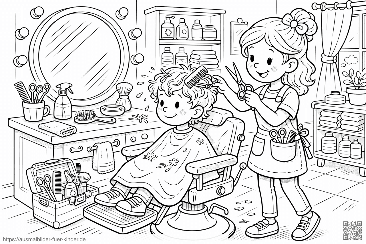 Friseursalon mit fröhlichem kleinen Kunden - Ausmalbild Friseursalon mit fröhlichem kleinen Kunden - Ausmalbild