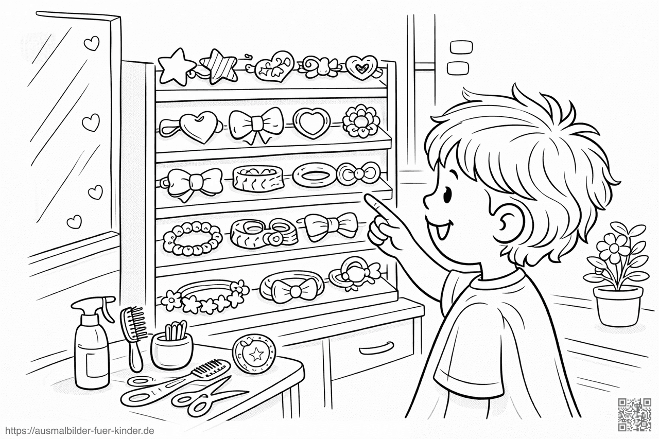 Kind zeigt auf Stern-Haarclip im Friseursalon - Ausmalbild Kind zeigt auf Stern-Haarclip im Friseursalon - Ausmalbild