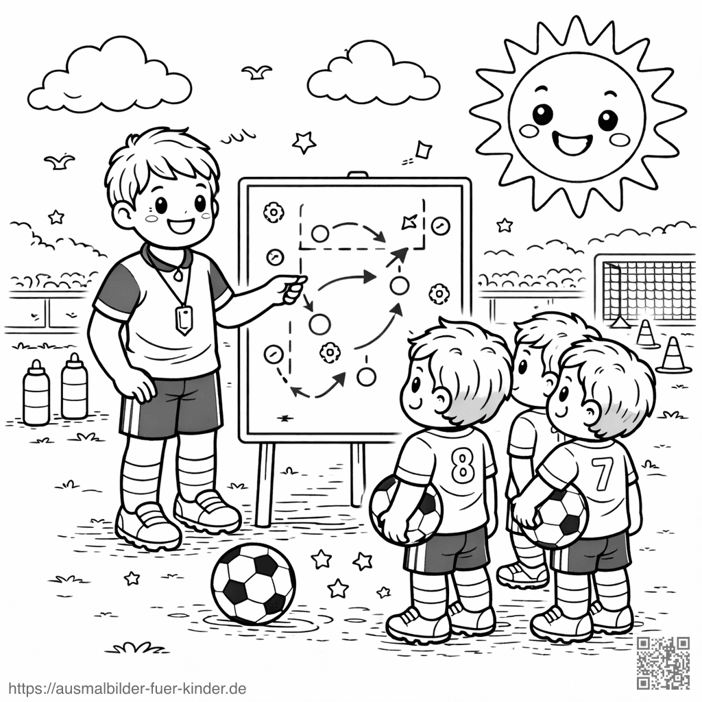 Fußballtrainer erklärt Taktik zu Übung - Ausmalbild