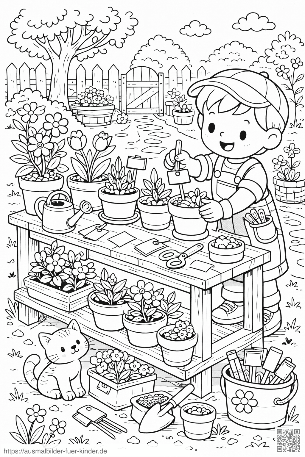Fröhliche Gartenszene mit Kind und Katze - Ausmalbild