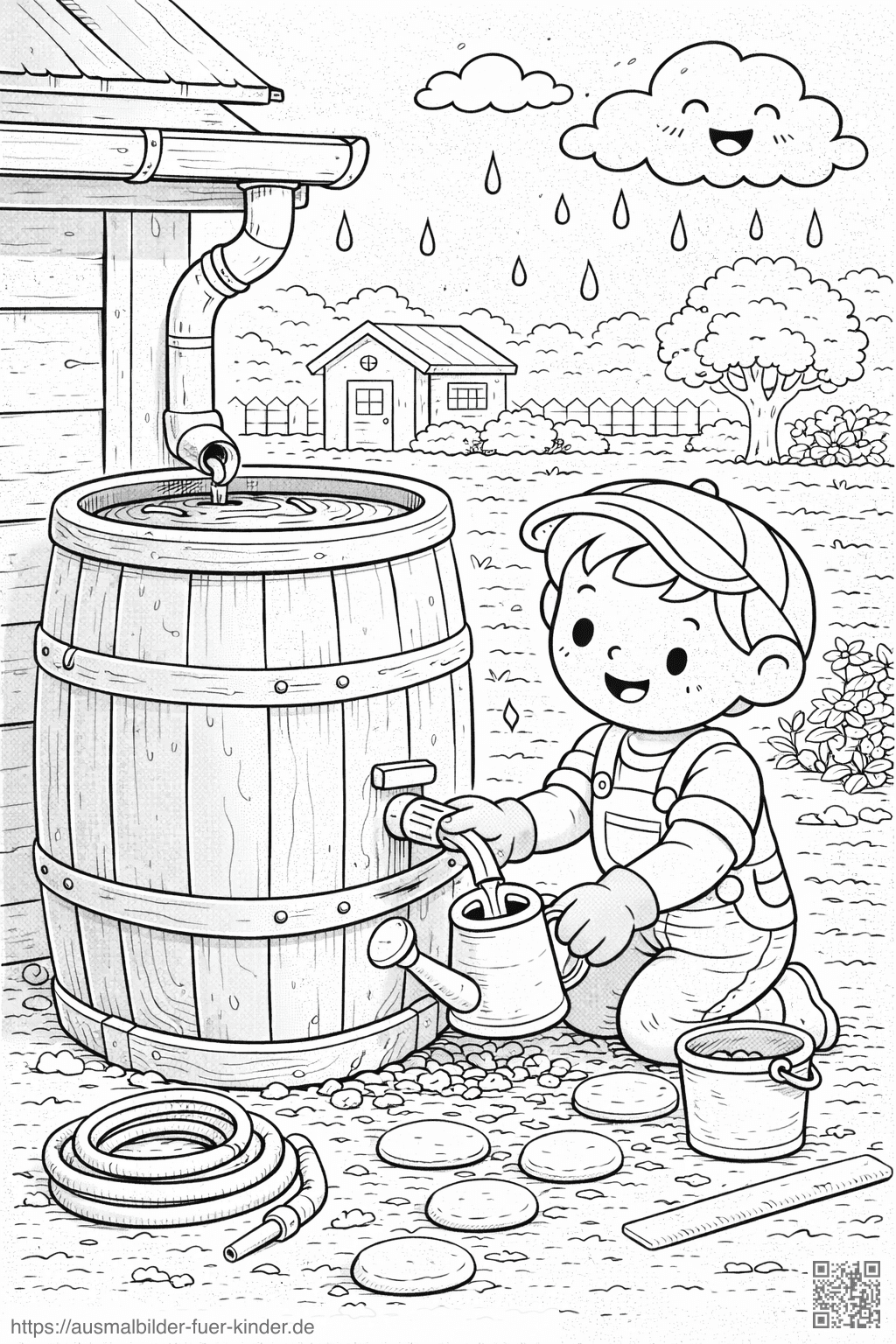 Regenfass und fröhliches Kind im Garten - Ausmalbild Regenfass und fröhliches Kind im Garten - Ausmalbild