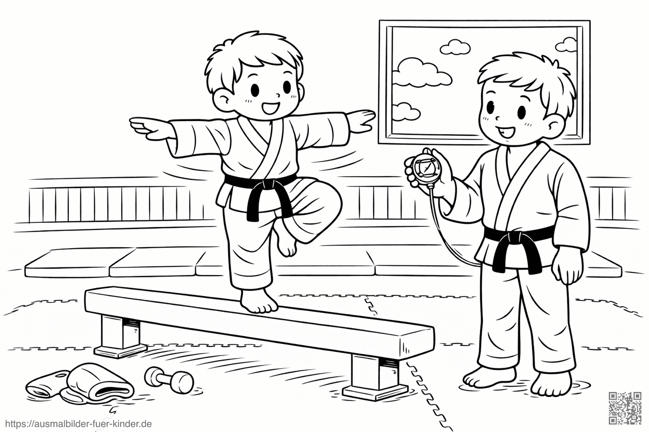 Junge übt den Kräne-Stand im Dojo - Ausmalbild