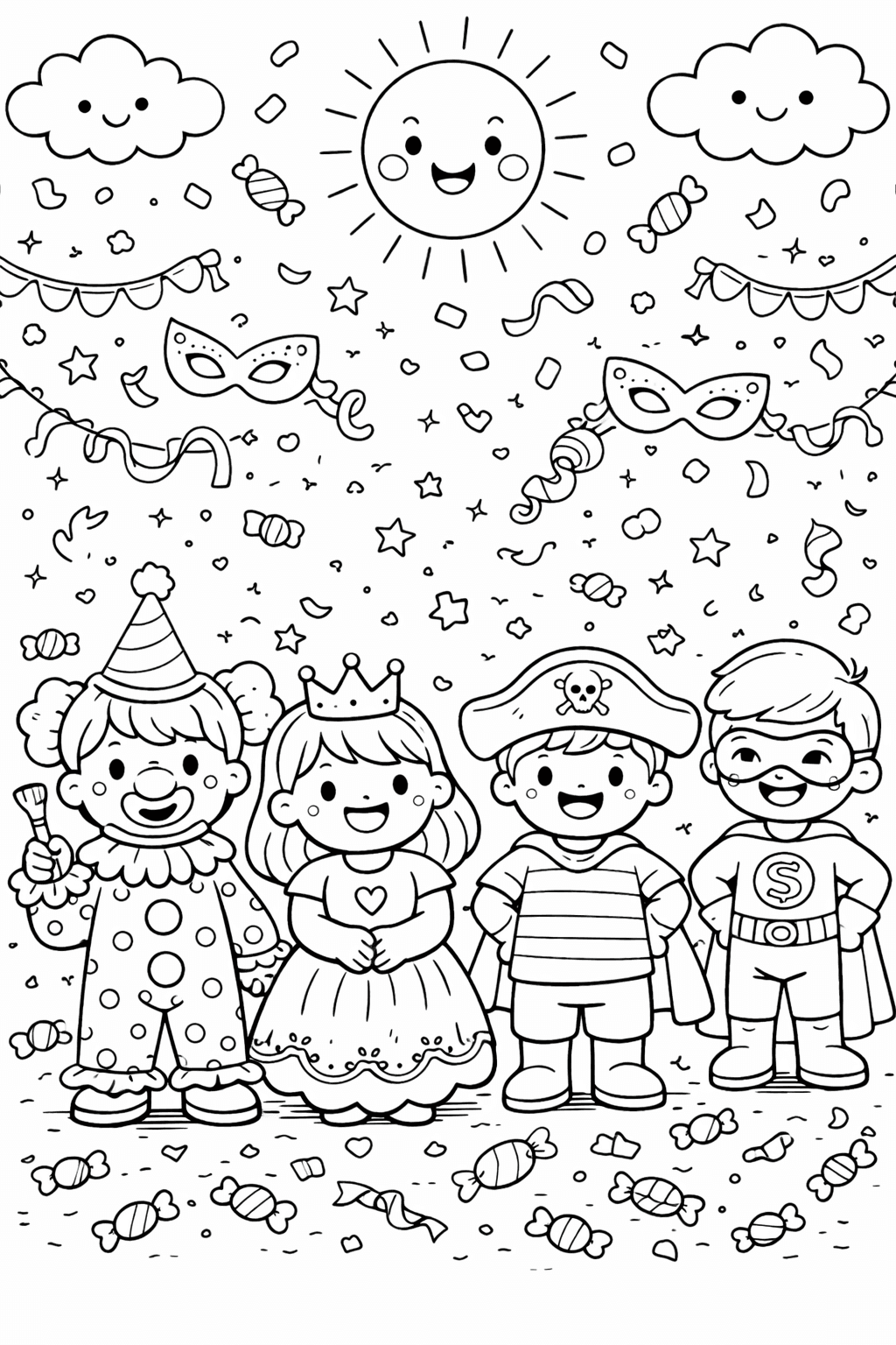 Karnevalsfreude der Kinder in Kostümen - Ausmalbild