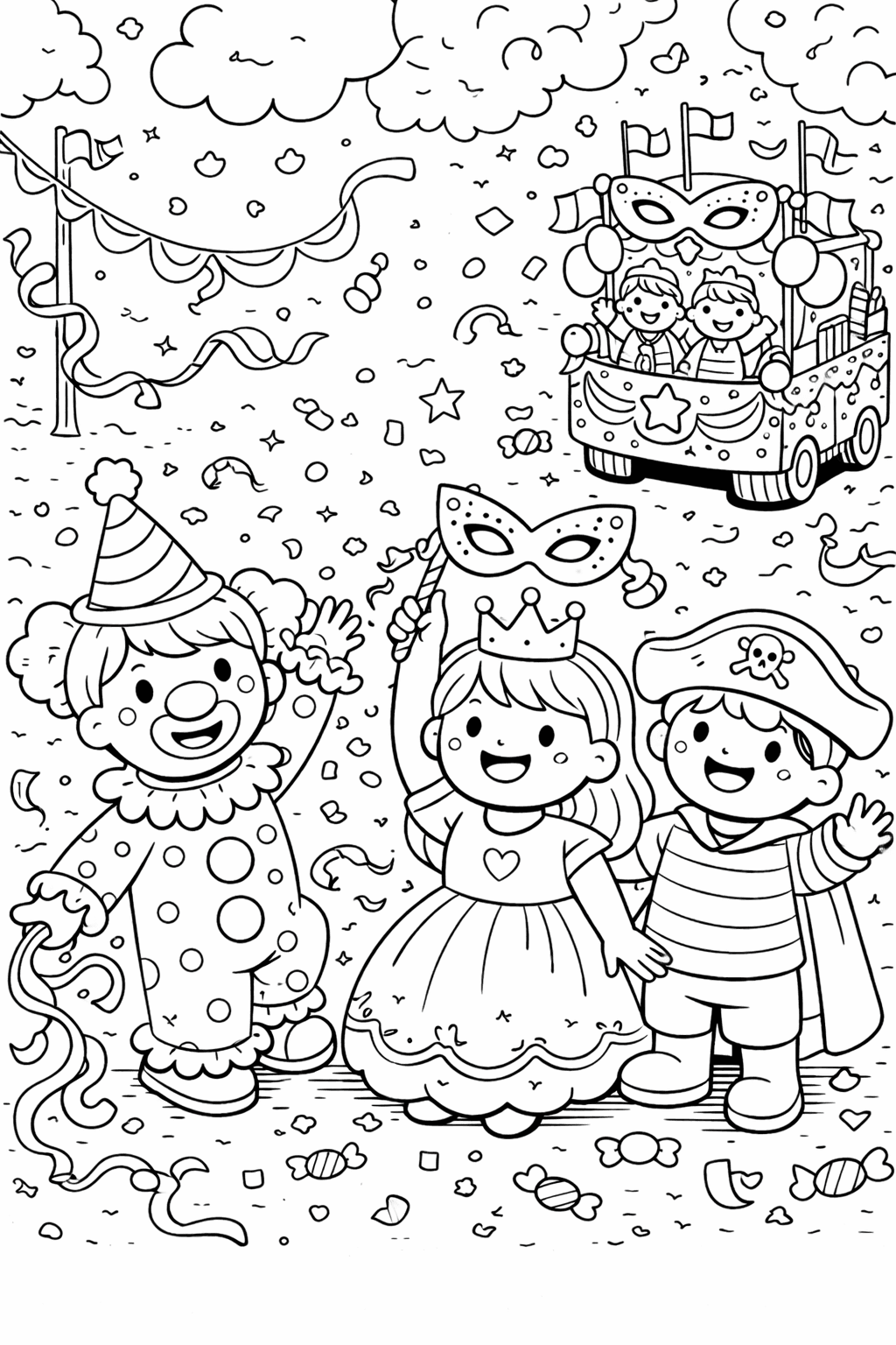 Karnevalsspaß mit lustigen Kostümen - Ausmalbild