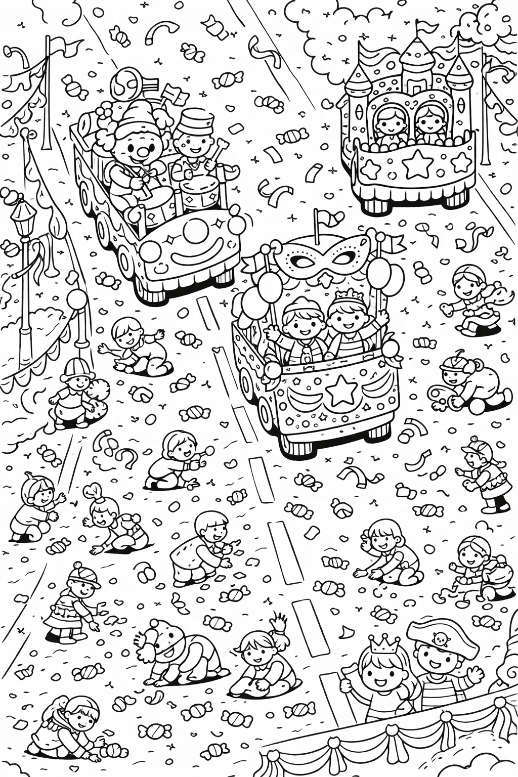 Karnevalsparade aus Vogelperspektive - Ausmalbild