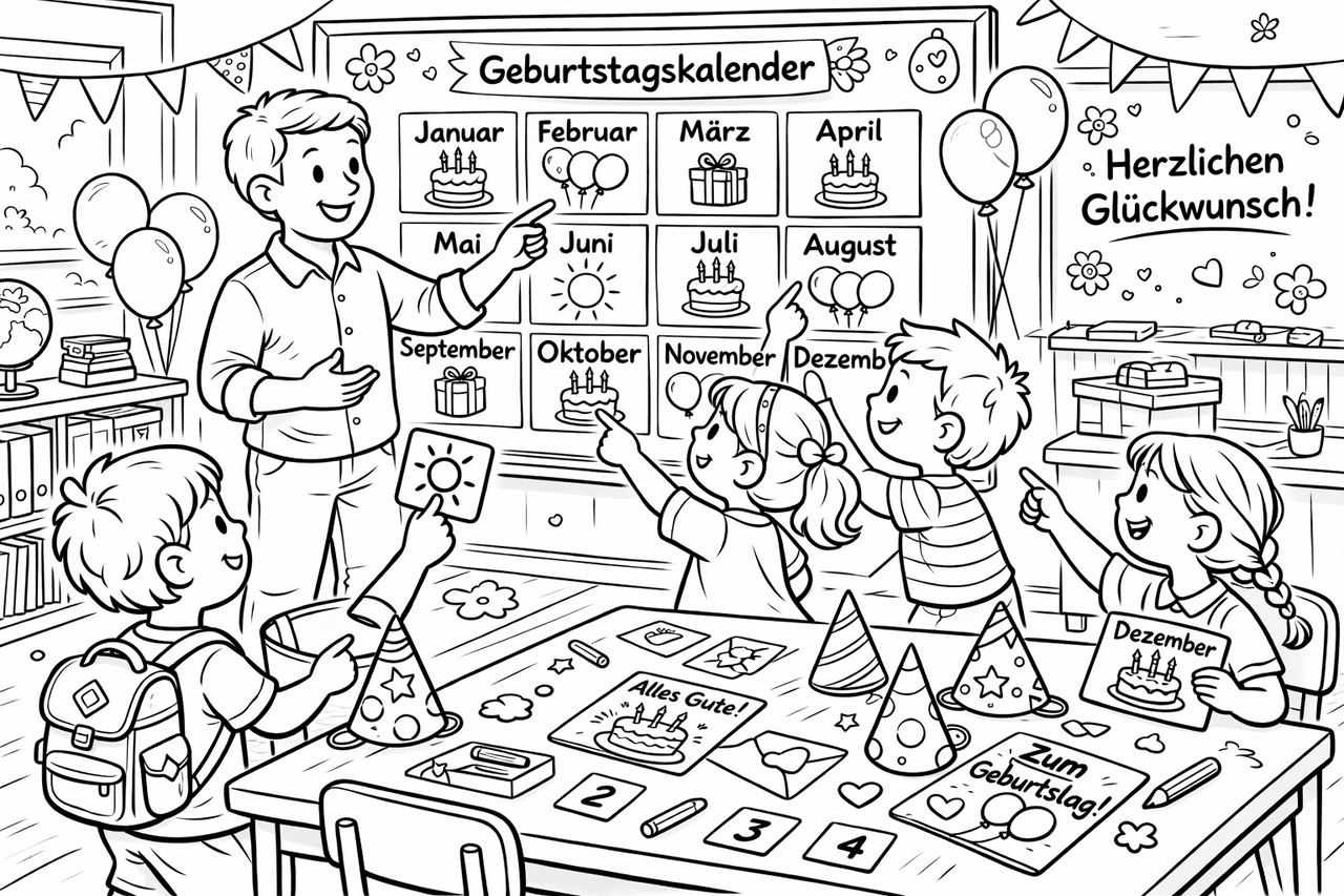 Fröhliche Geburtstagsfeier im Klassenzimmer - Ausmalbild Fröhliche Geburtstagsfeier im Klassenzimmer - Ausmalbild