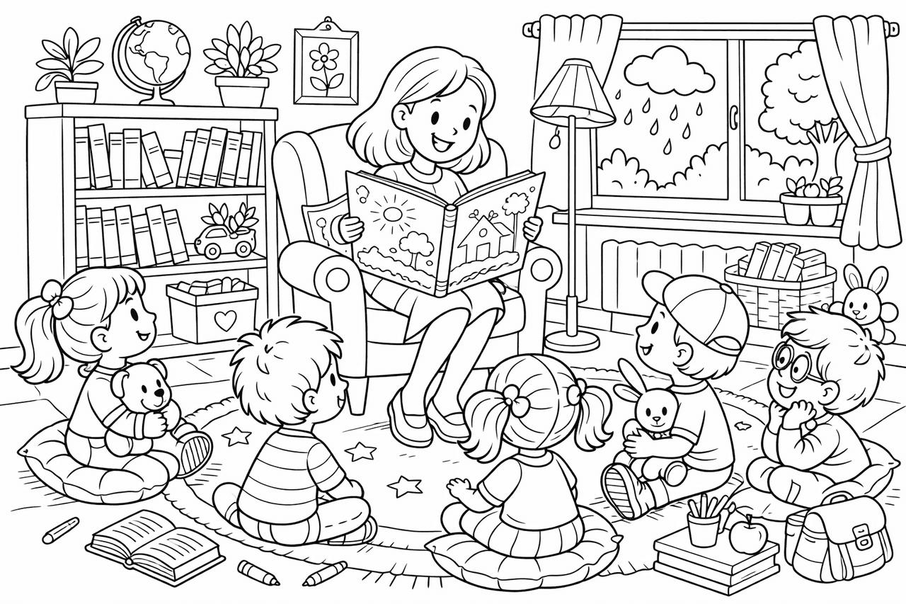 Geschichtenzeit in der gemütlichen Klassenzimmerecke - Ausmalbild Geschichtenzeit in der gemütlichen Klassenzimmerecke - Ausmalbild