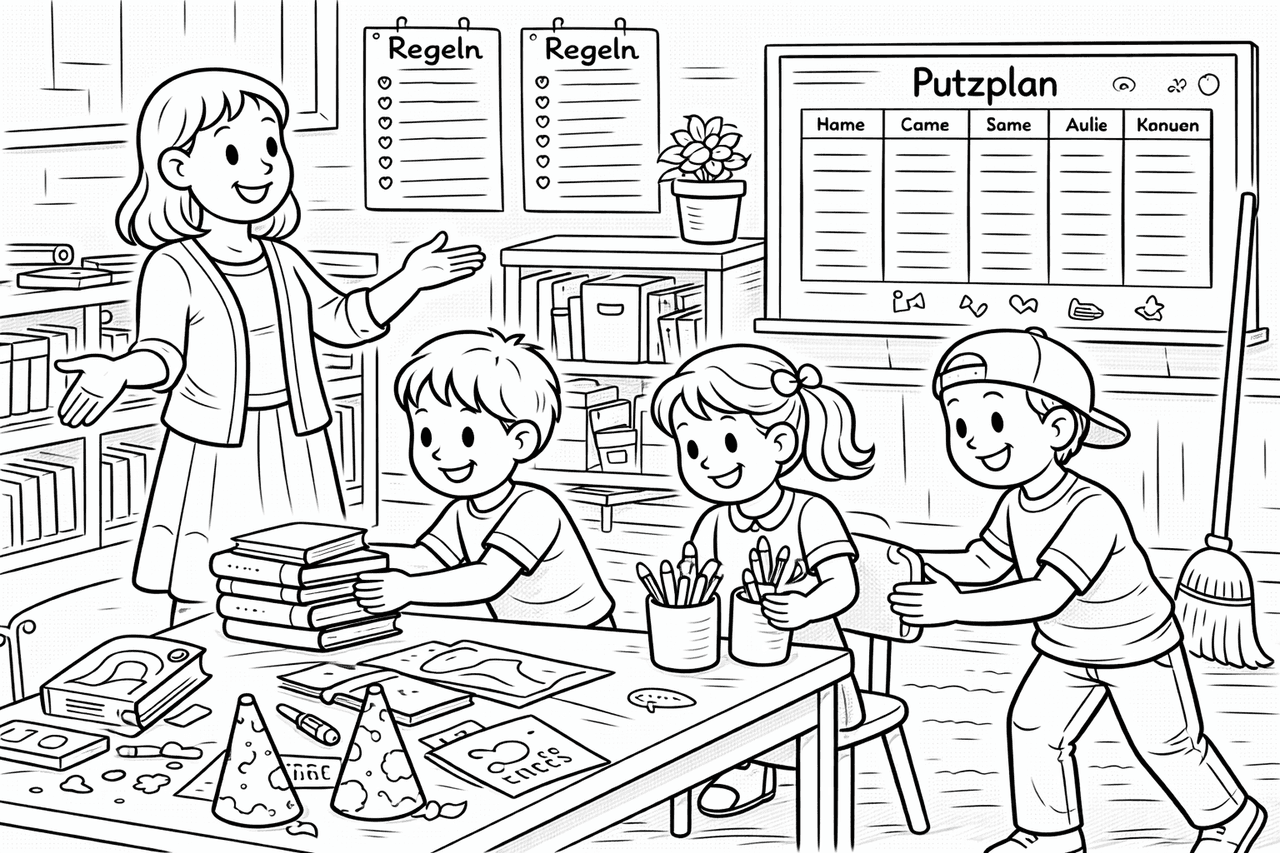 Klassenraumaufräumen mit fröhlichen Kindern - Ausmalbild Klassenraumaufräumen mit fröhlichen Kindern - Ausmalbild