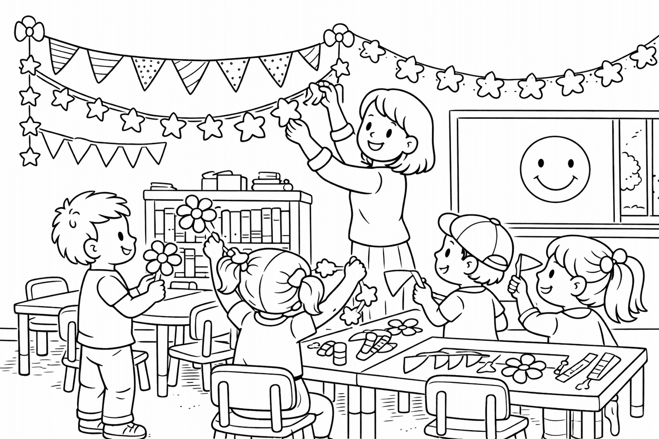 Klassenzimmerdekoration mit Kindern und Lehrerin - Ausmalbild Klassenzimmerdekoration mit Kindern und Lehrerin - Ausmalbild