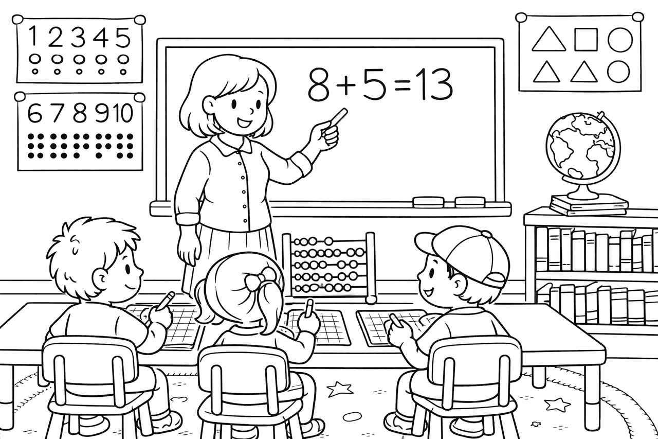 Lehrerin erklärt Mathematik im Klassenraum - Ausmalbild Lehrerin erklärt Mathematik im Klassenraum - Ausmalbild
