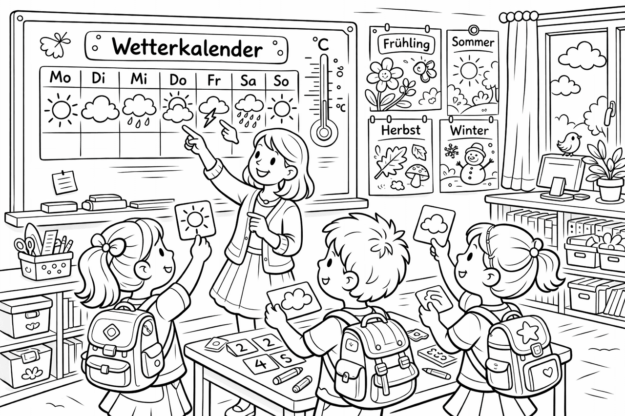 Lehrerin erklärt das Wetter im Klassenzimmer - Ausmalbild Lehrerin erklärt das Wetter im Klassenzimmer - Ausmalbild