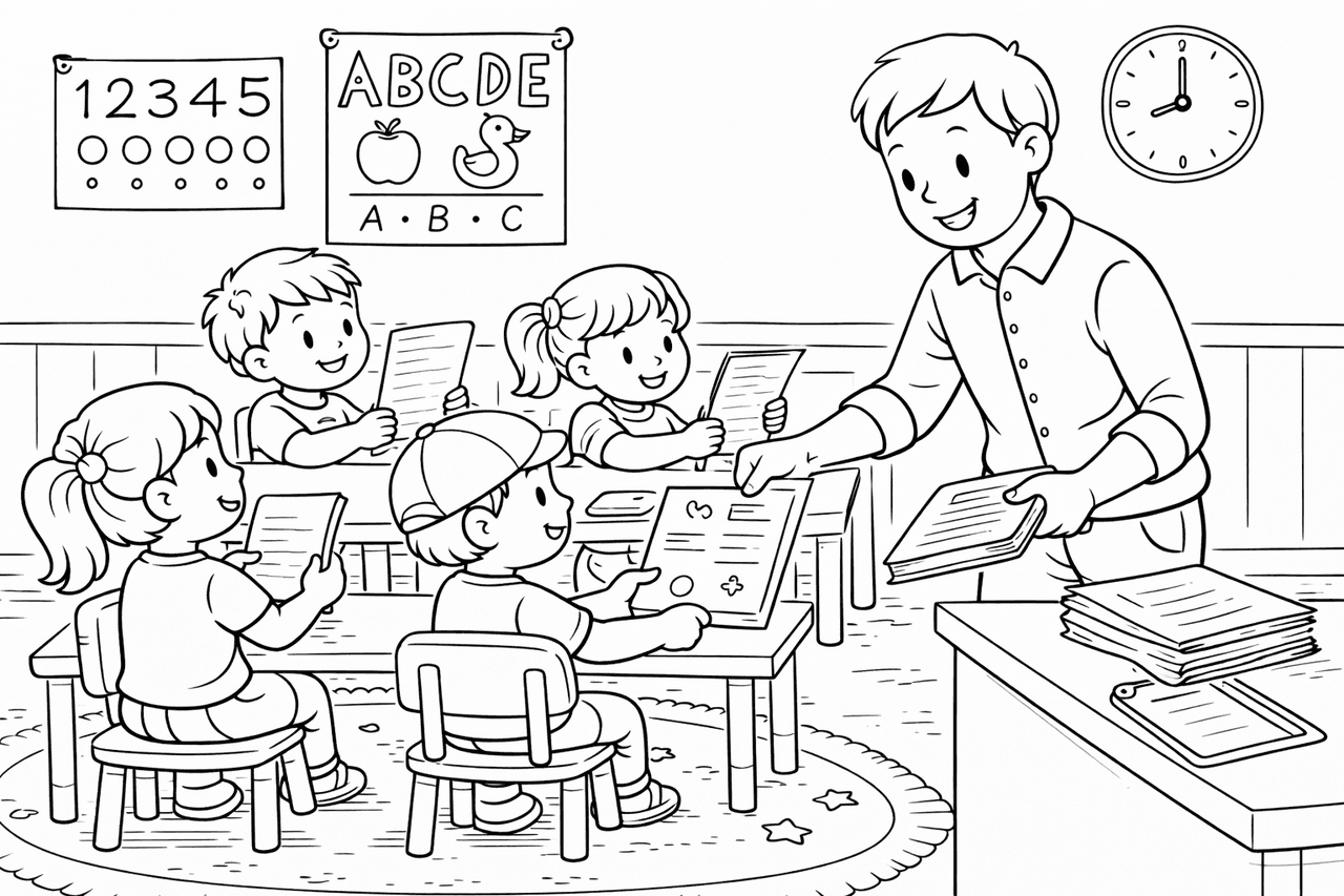 Lehrerin verteilt Arbeitsblätter an Schüler - Ausmalbild Lehrerin verteilt Arbeitsblätter an Schüler - Ausmalbild
