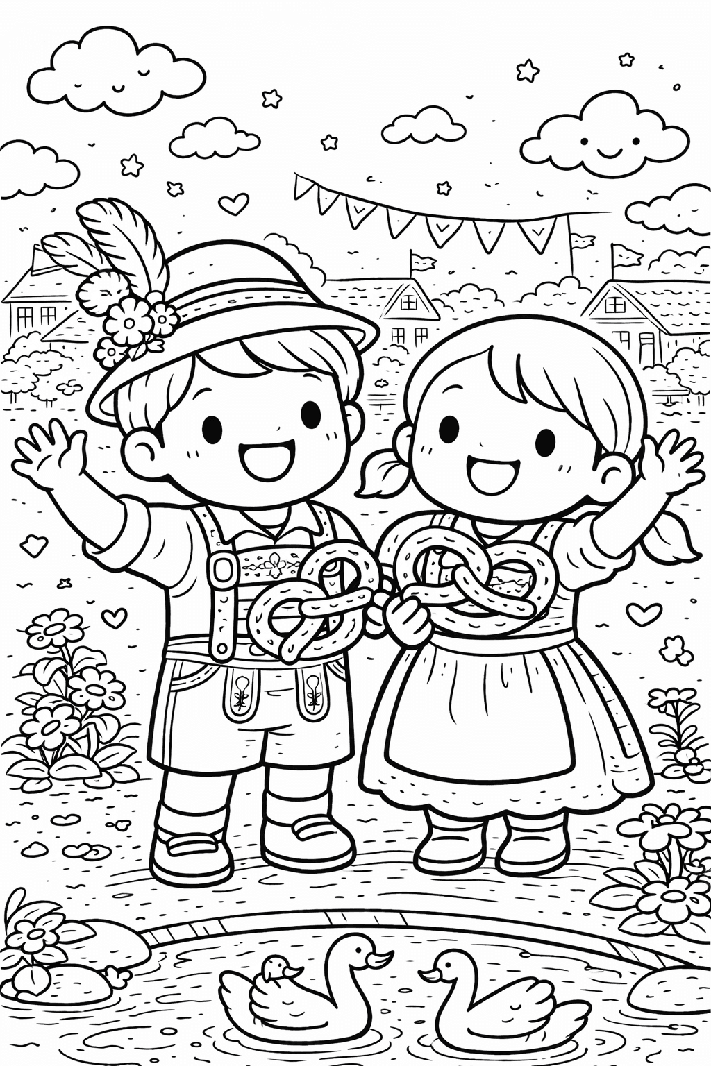 Bayerische Kinder mit Brezen - München Ausmalbild