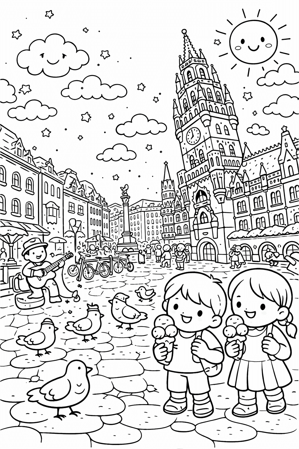 Eis und Musik auf dem Marienplatz - München Ausmalbild
