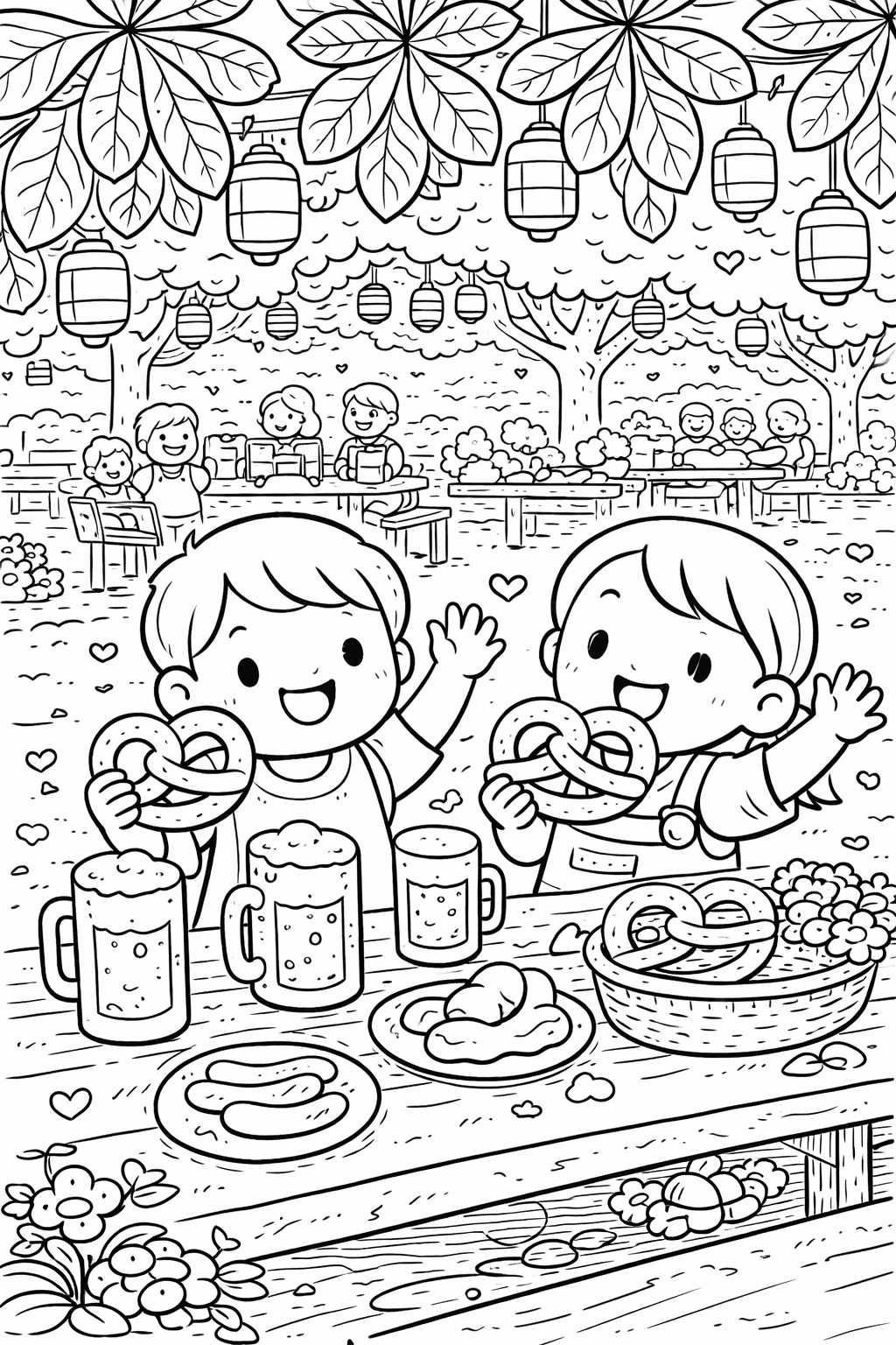 Kinder mit Brezeln im Biergarten - München Ausmalbild