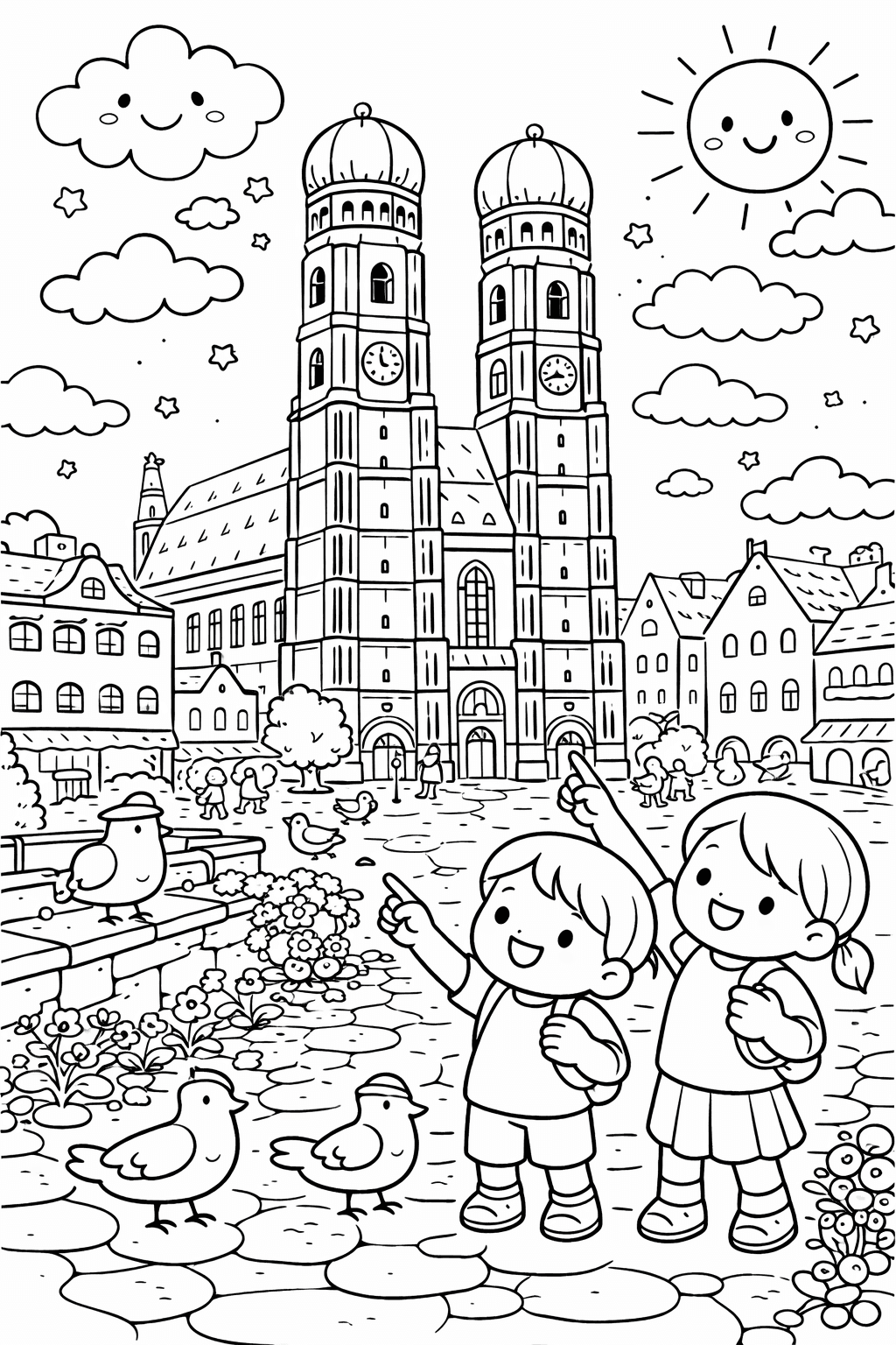 Kinder vor der Frauenkirche München - Ausmalbild