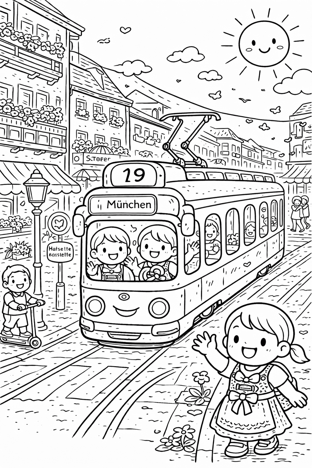 Lächelnde Münchner Straßenbahn - Ausmalbild