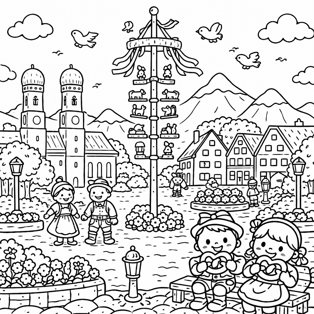 Bayerischer Marktplatz mit Maibaum - München Ausmalbild