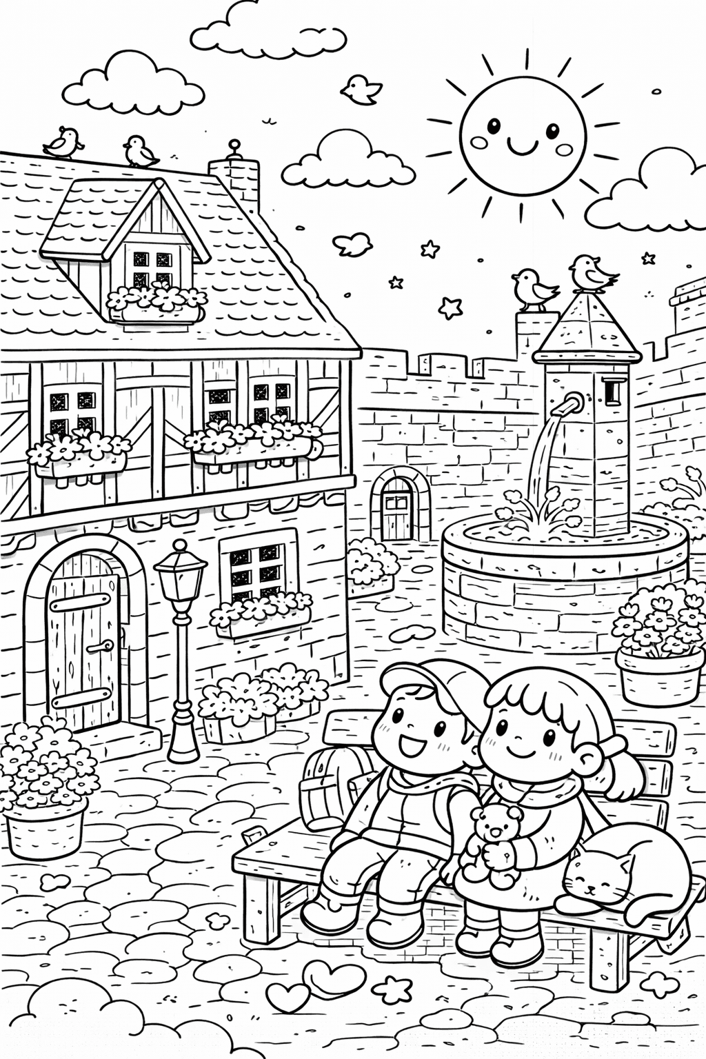 Kinder auf der Bank in der Altstadt - Nürnberg Ausmalbild