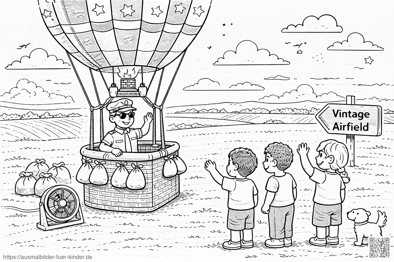 Luftballonabenteuer mit fröhlichen Kindern - Ausmalbild