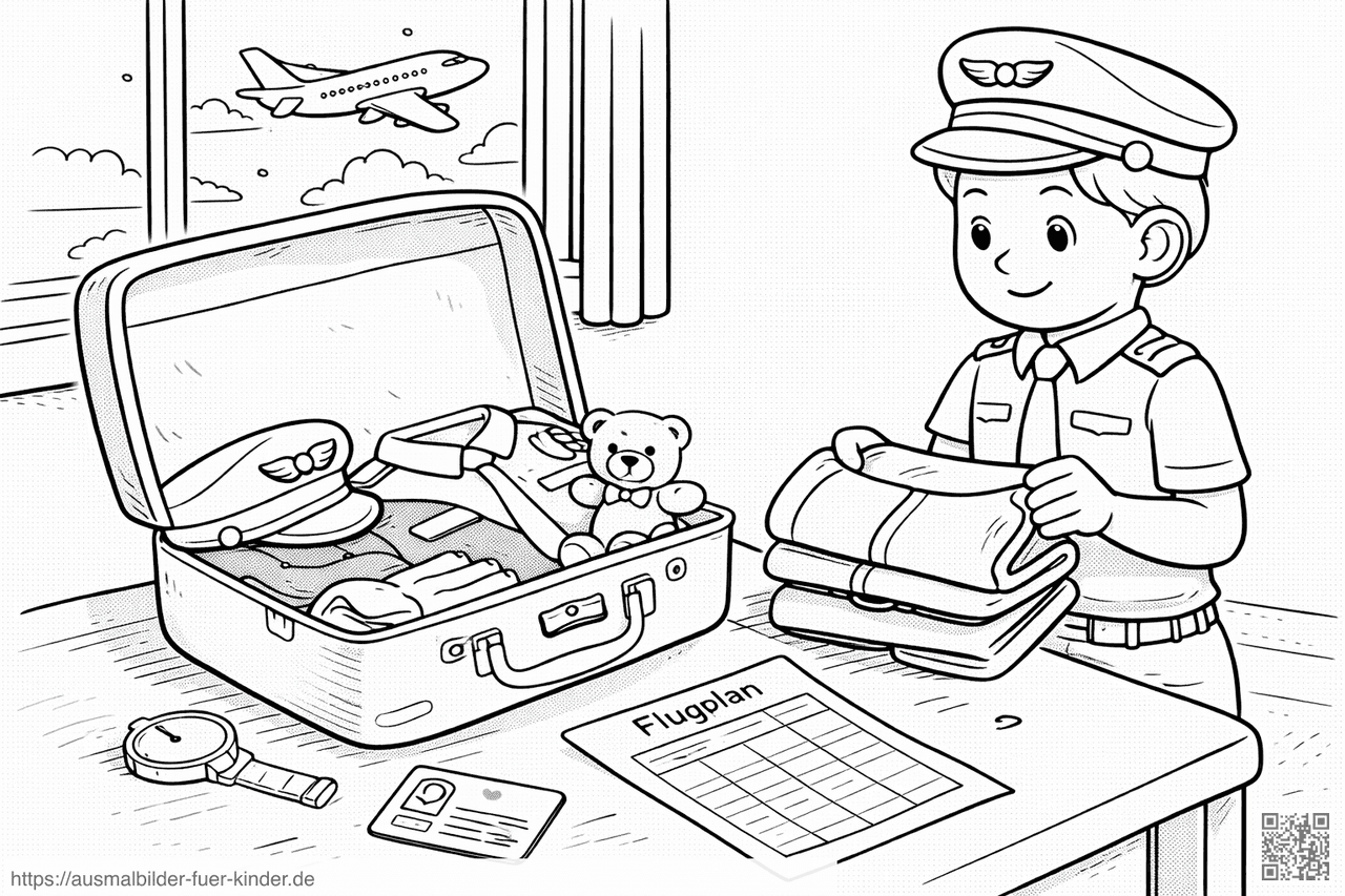 Pilot packt seine Tasche für den Flug - Ausmalbild