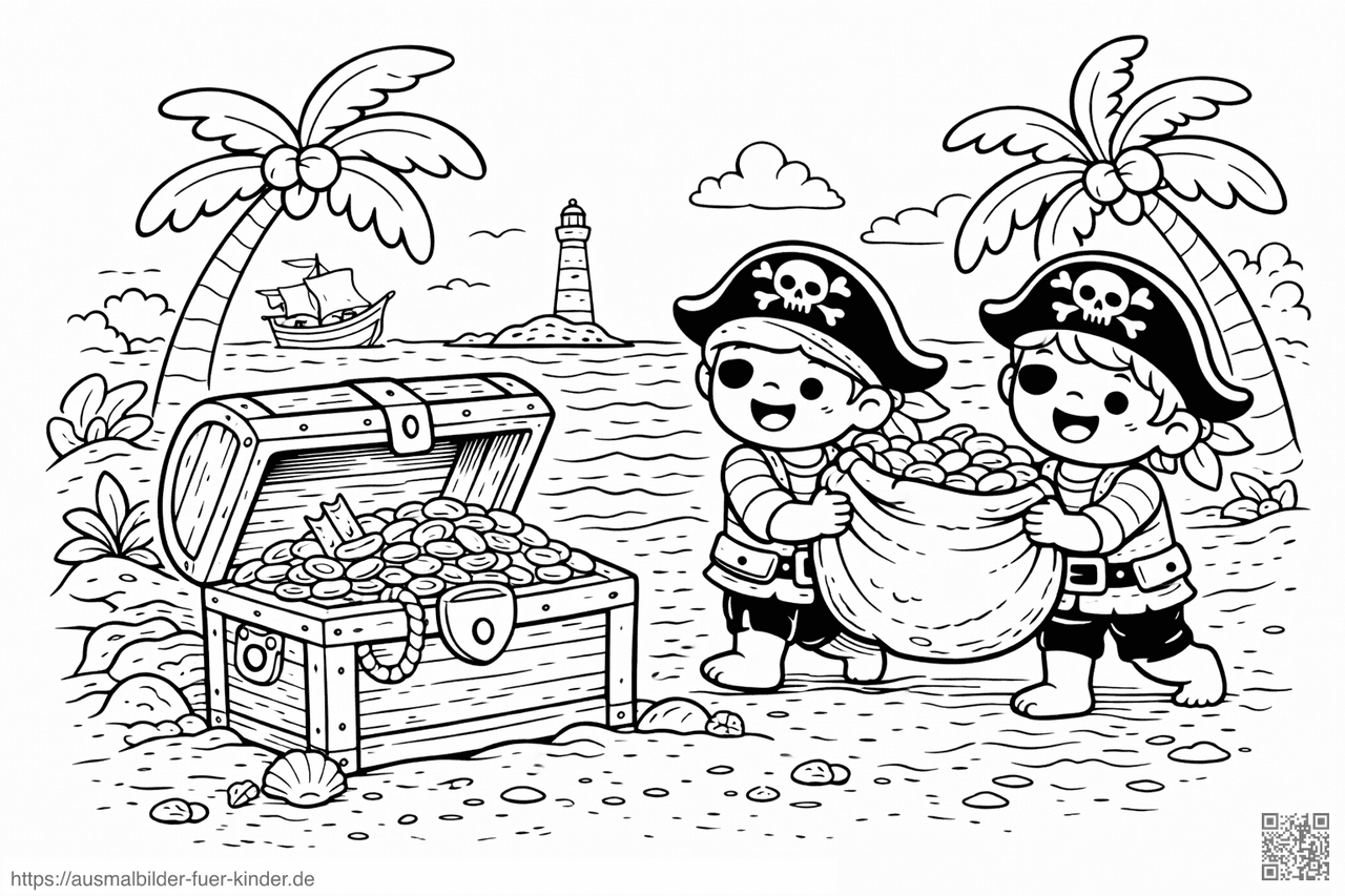 Piratenkinder auf Schatzsuche am Strand - Ausmalbild Piratenkinder auf Schatzsuche am Strand - Ausmalbild