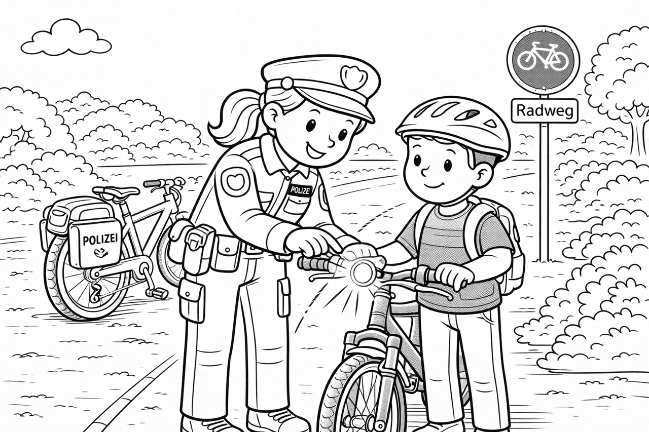 Polizei überprüft Fahrradleuchte im Park - Ausmalbild Polizei überprüft Fahrradleuchte im Park - Ausmalbild