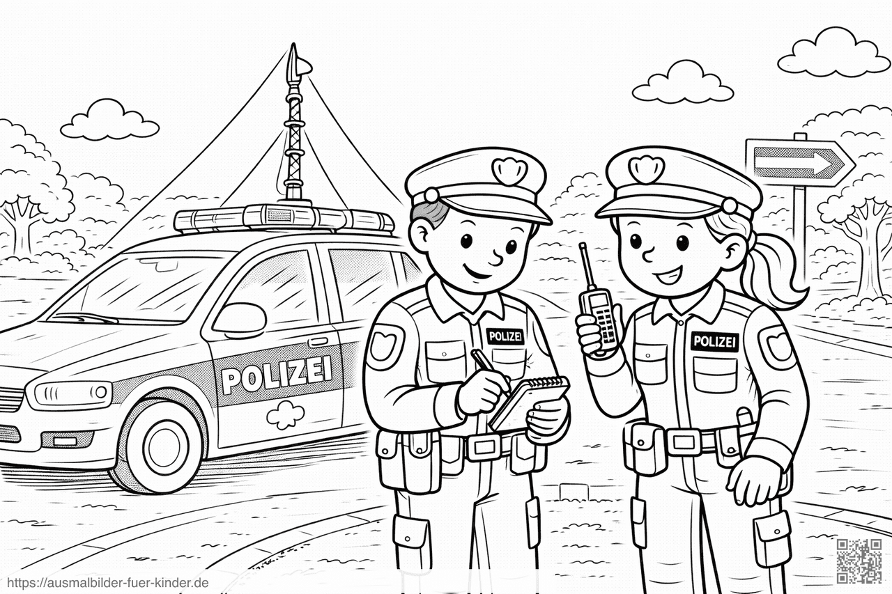 Polizei unterwegs an der Straße - Ausmalbild Polizei unterwegs an der Straße - Ausmalbild
