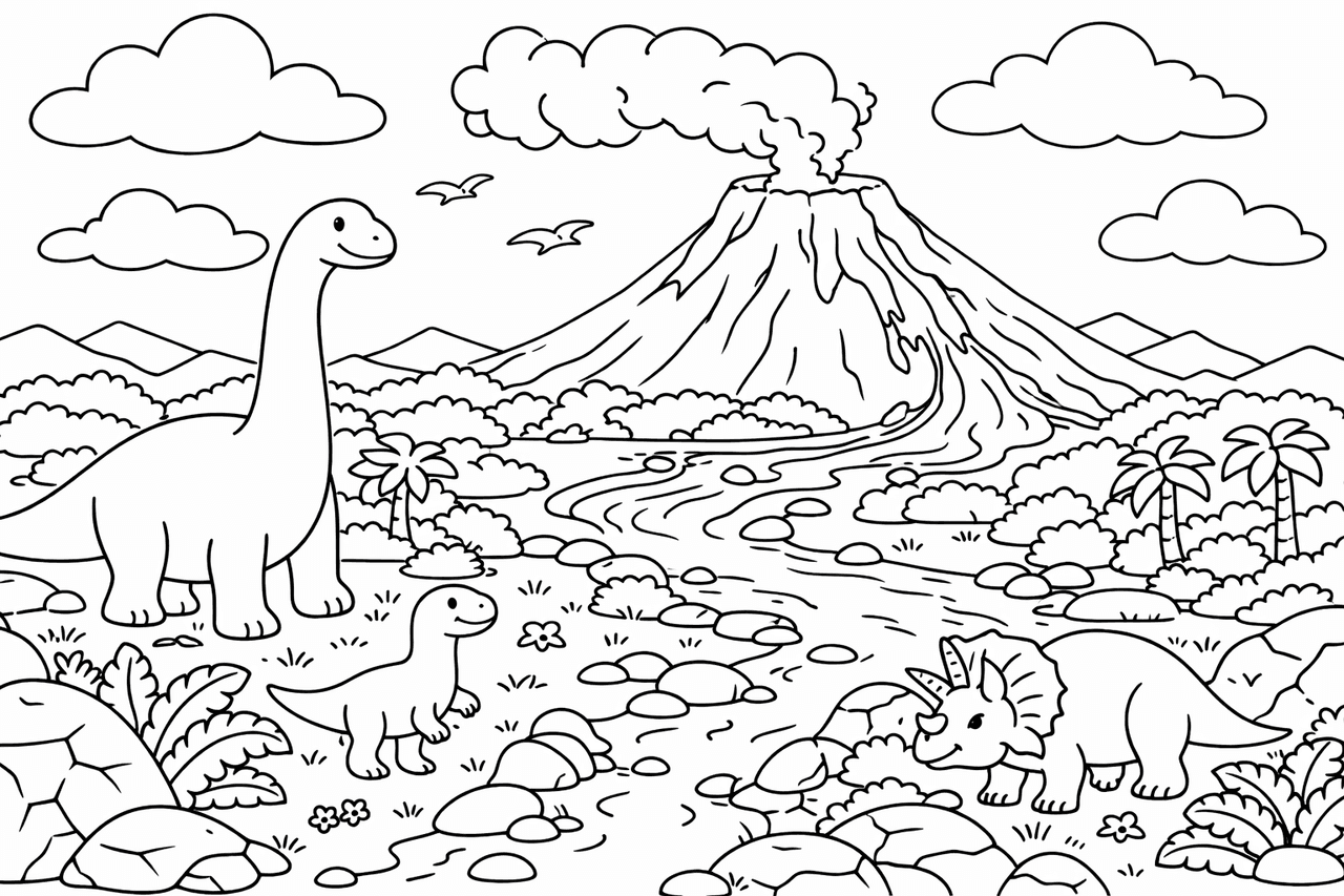 Prähistorische Landschaft mit Vulkanausbruch - Ausmalbild