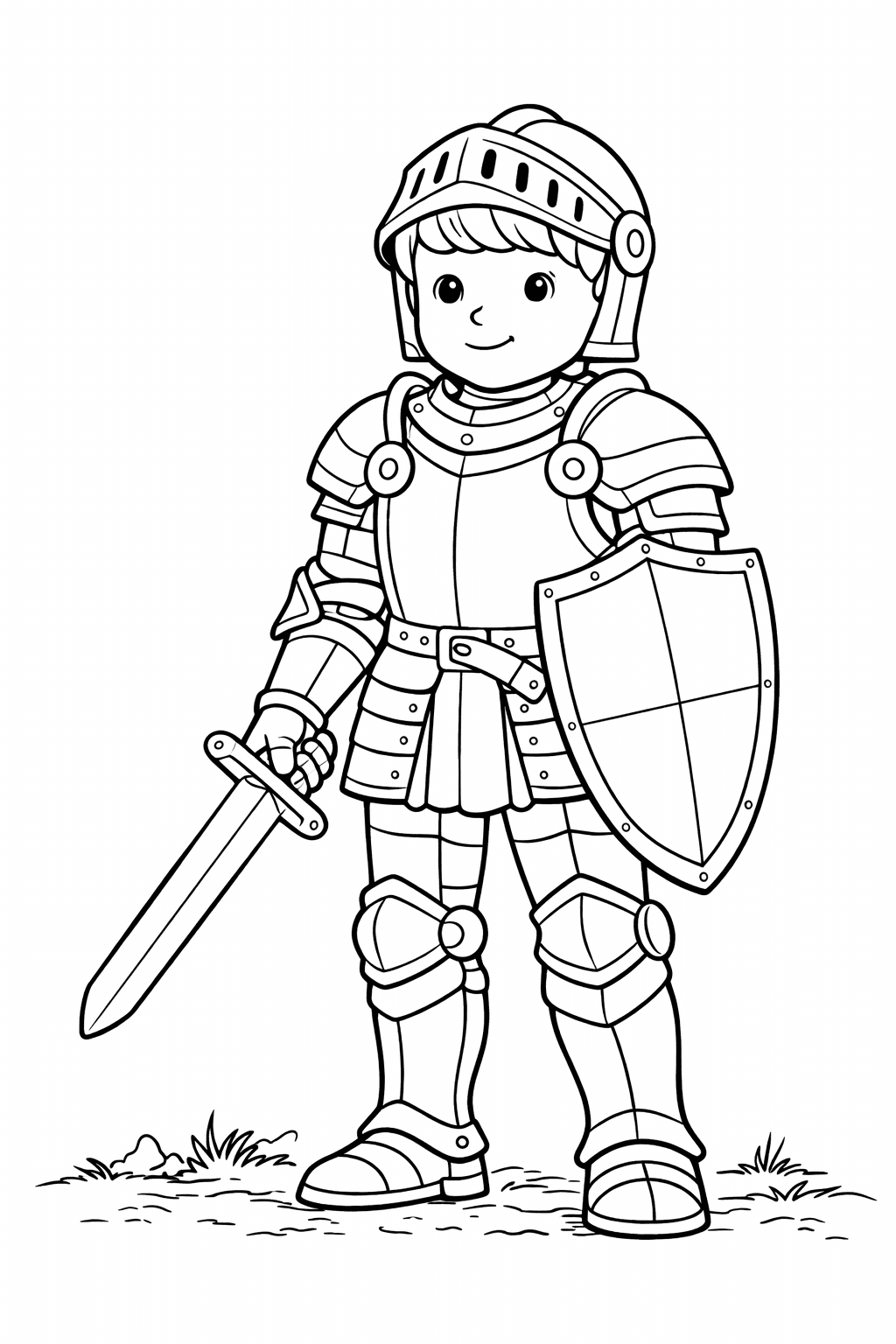 Junger Ritter mit Übergröße Rüstung - Ausmalbild