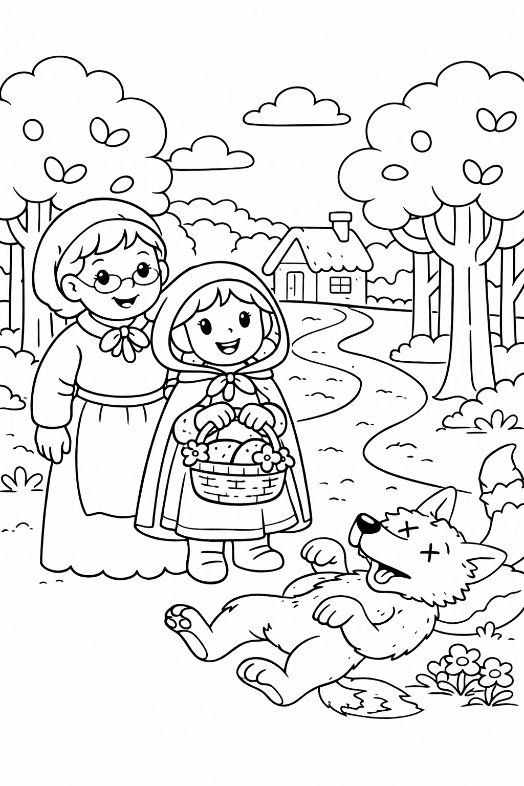 Rotkäppchen und Großmutter besiegen den Wolf - Ausmalbild