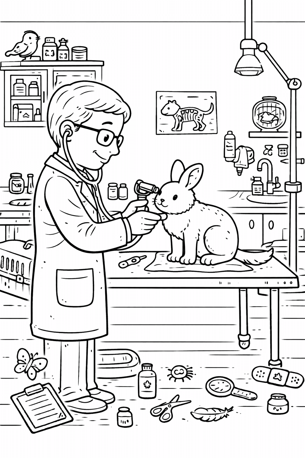 Tierarzt untersucht ein Kaninchen - Ausmalbild