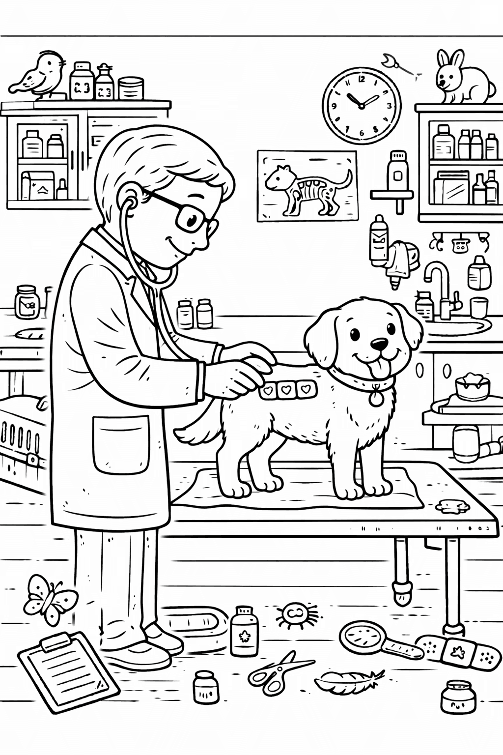 Tierarzt versorgt Hund mit Verband - Ausmalbild