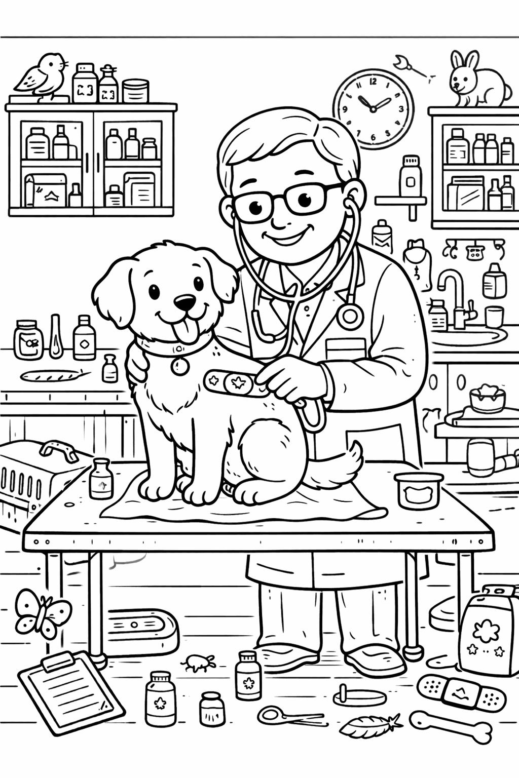 Tierarzt versorgt einen Hund - Ausmalbild