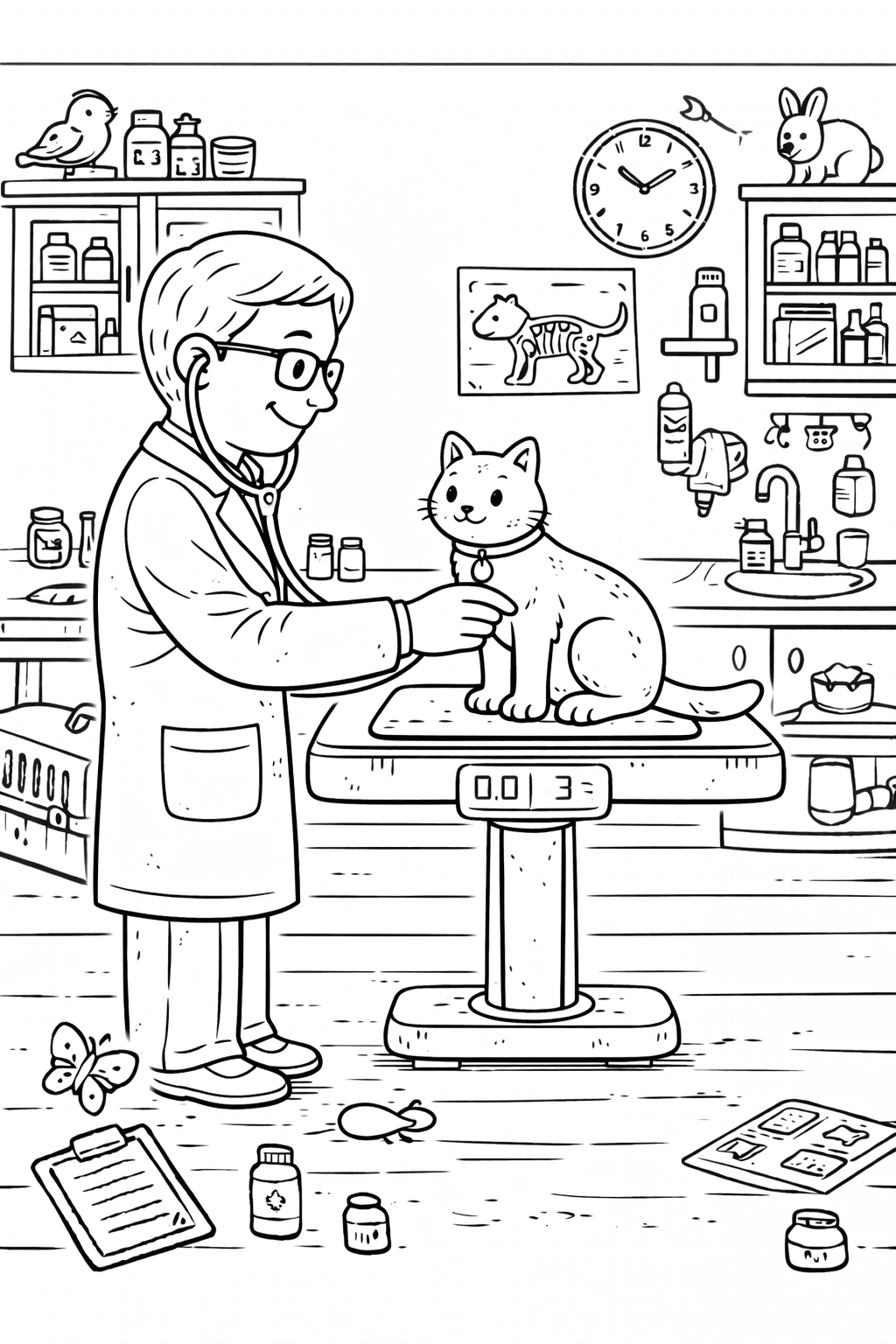 Tierarzt wiegt die Katze aufmerksam - Ausmalbild