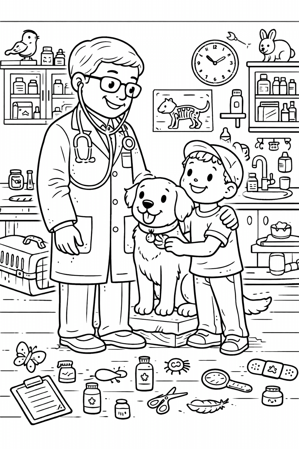 Tierarztbesuch mit Hund und Junge - Ausmalbild