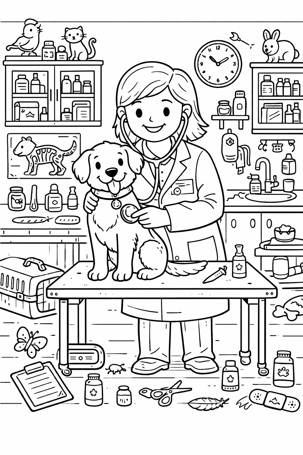 Tierarztpraxis mit Hund und Veterinär - Ausmalbild