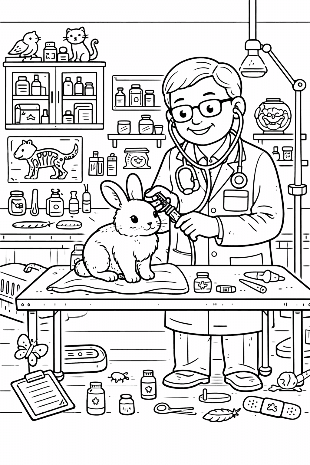 Tierarztuntersuchung bei einem ruhigen Kaninchen - Ausmalbild
