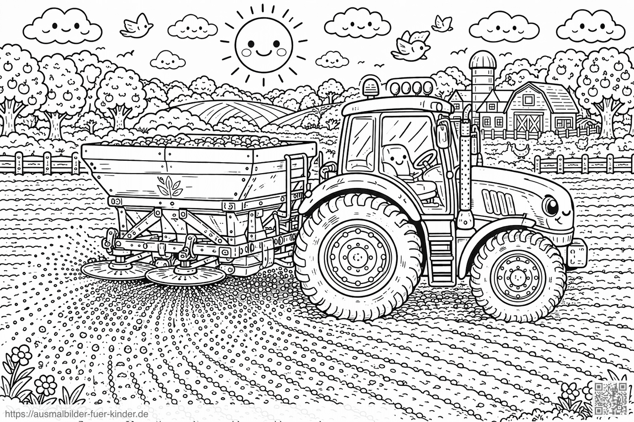 Fröhliche Farm mit Traktor und Acker - Ausmalbild Fröhliche Farm mit Traktor und Acker - Ausmalbild