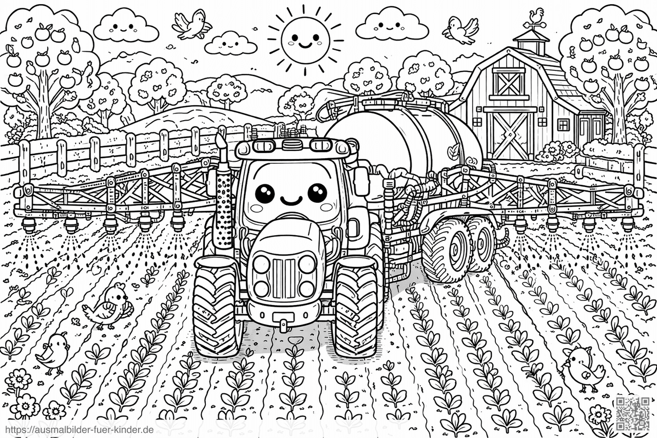 Fröhliche Farm mit Traktor und Sprühgerät - Ausmalbild