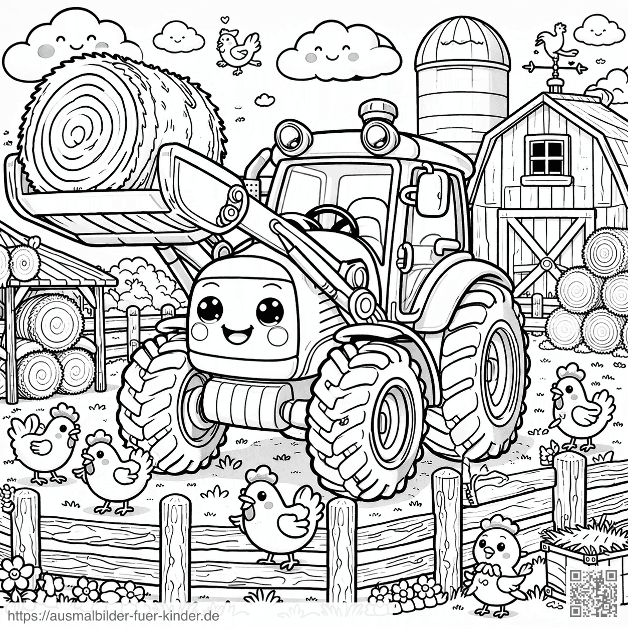 Fröhliche Farm mit Traktor und Tieren - Ausmalbild Fröhliche Farm mit Traktor und Tieren - Ausmalbild