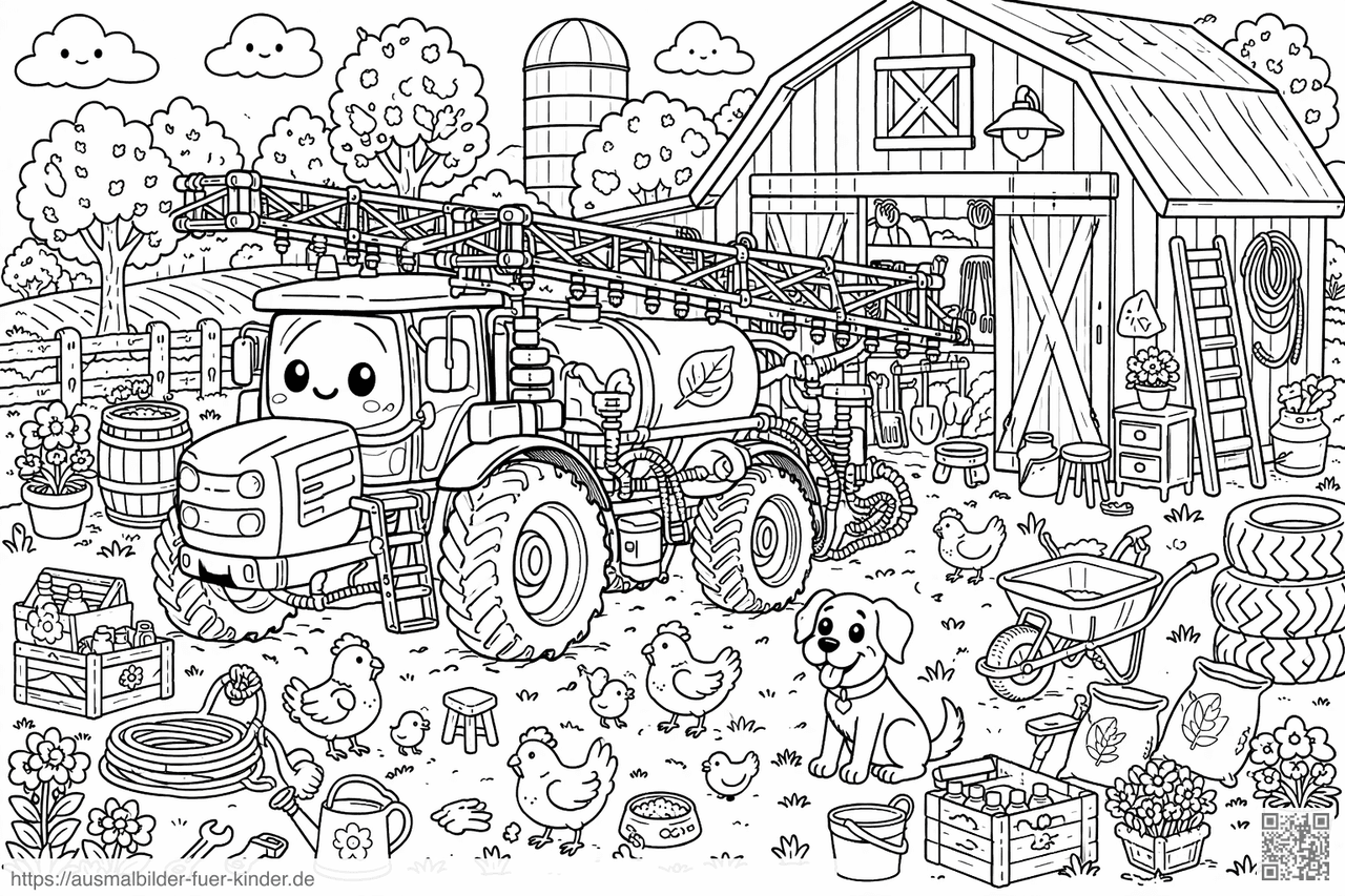 Fröhliche Farmszene im Cartoon-Stil - Ausmalbild Fröhliche Farmszene im Cartoon-Stil - Ausmalbild
