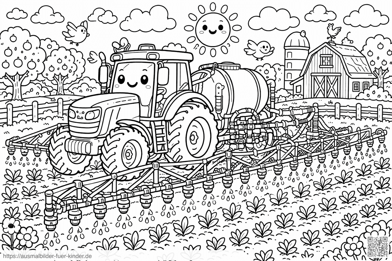 Fröhlicher Bauernhof mit Traktor und Sprühgerät - Ausmalbild Fröhlicher Bauernhof mit Traktor und Sprühgerät - Ausmalbild