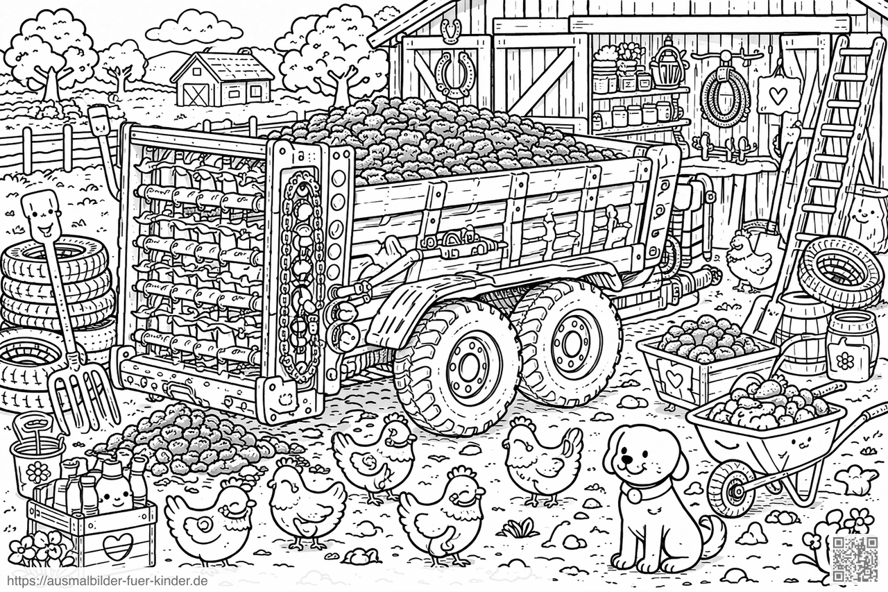 Fröhlicher Bauernhof mit Traktor und Tieren - Ausmalbild Fröhlicher Bauernhof mit Traktor und Tieren - Ausmalbild