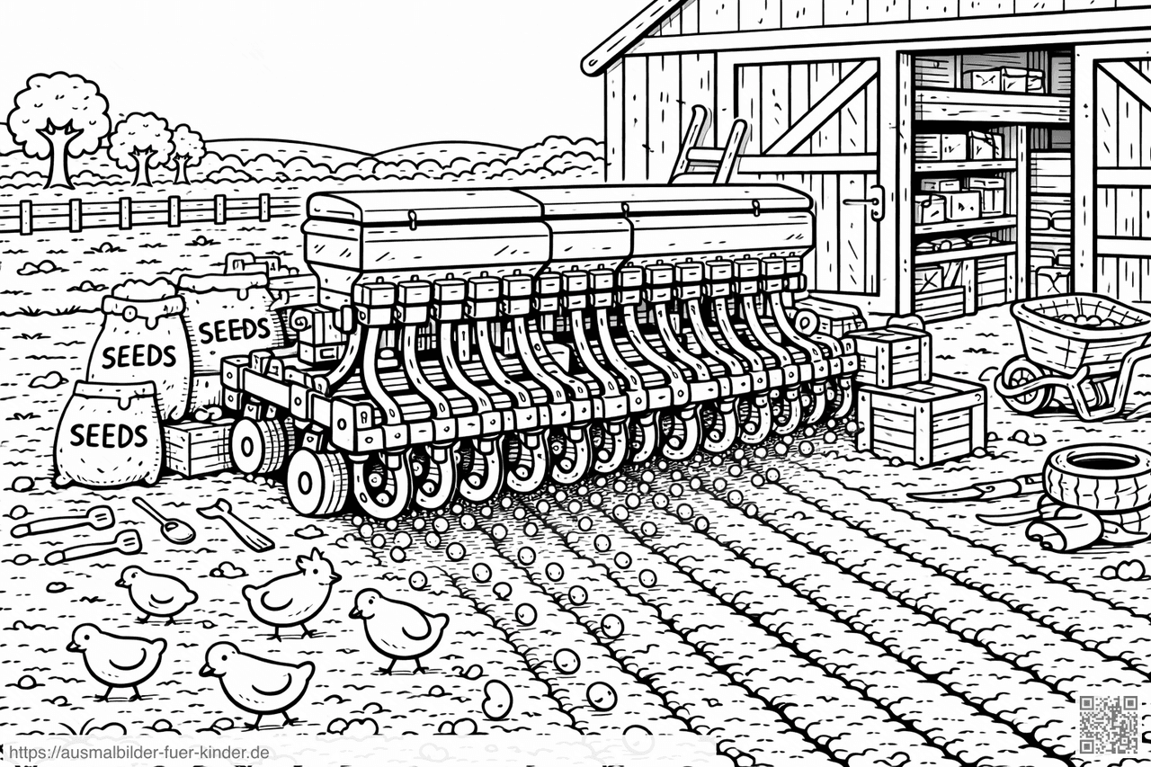 Kawaii Farmyard mit Saatgut und Hühnern - Ausmalbild Kawaii Farmyard mit Saatgut und Hühnern - Ausmalbild